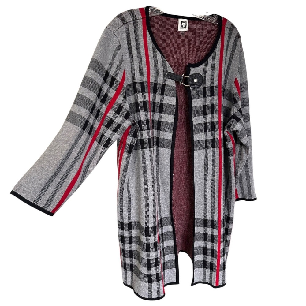 Anne Klein 2X Plaid Open Front Cardigan Grey Red Black Buckle Sweater Cape‎
